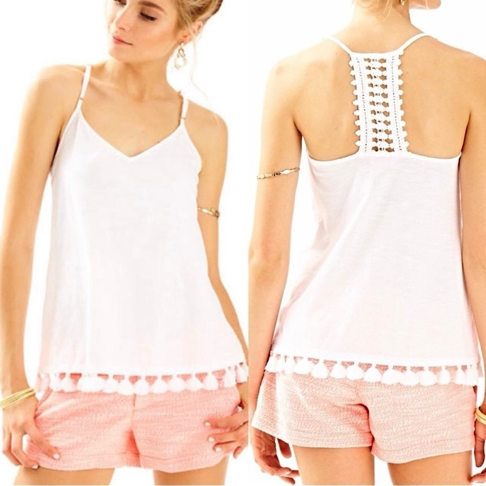 Lilly Pulitzer Nya Tank‎ Crochet Racerback Tassel Hem in Resort White Size Large